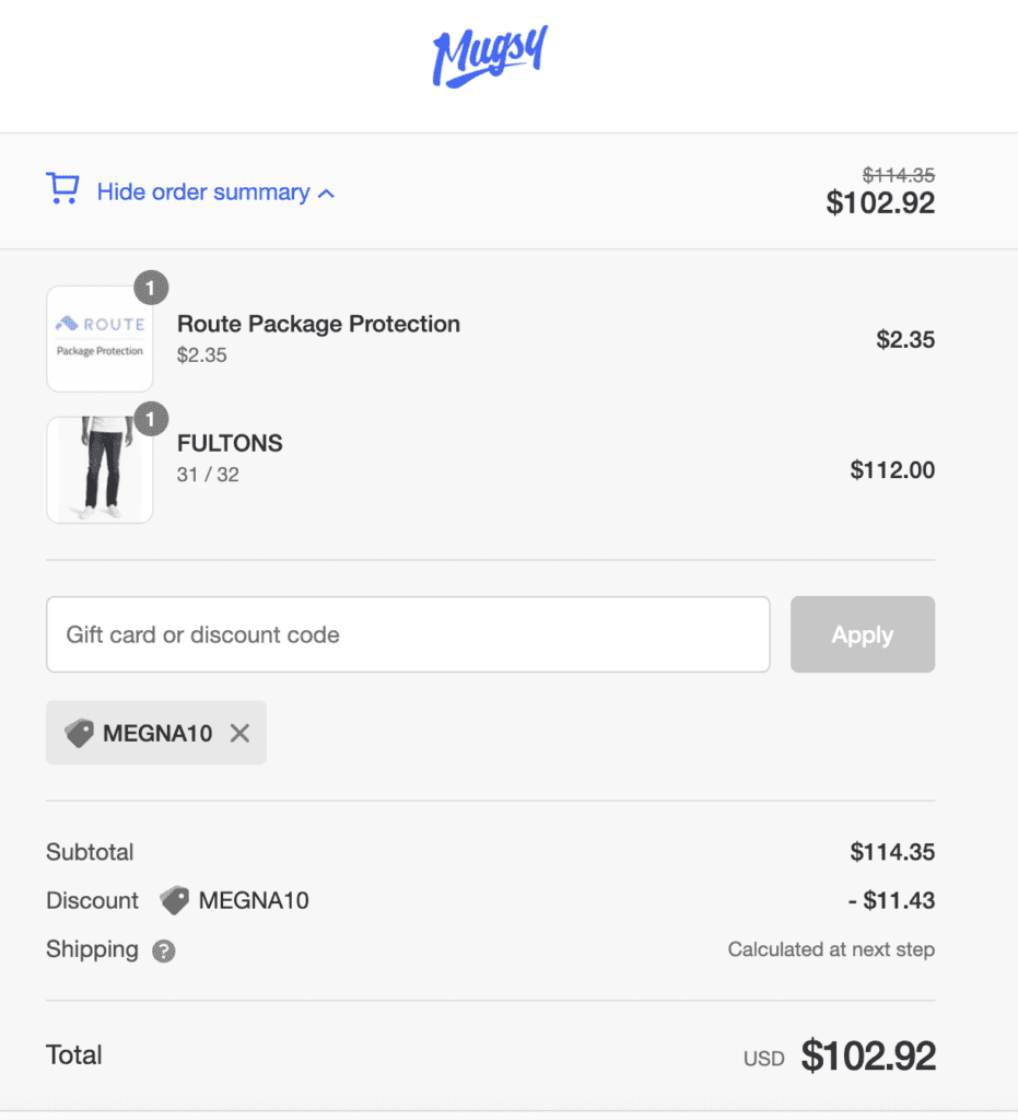 Mugsy Jeans discount code applied at checkout screenshot